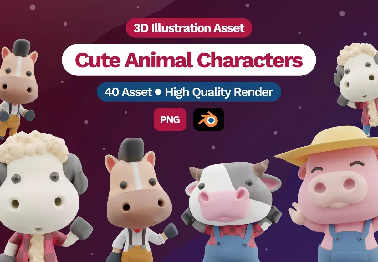 3D Cute Animal Characters Illustration